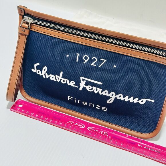NWT Salvatore Ferragamo Men Navy Canvas Leather Trim Logo Clutch Pouch Bag - Picture 4 of 9